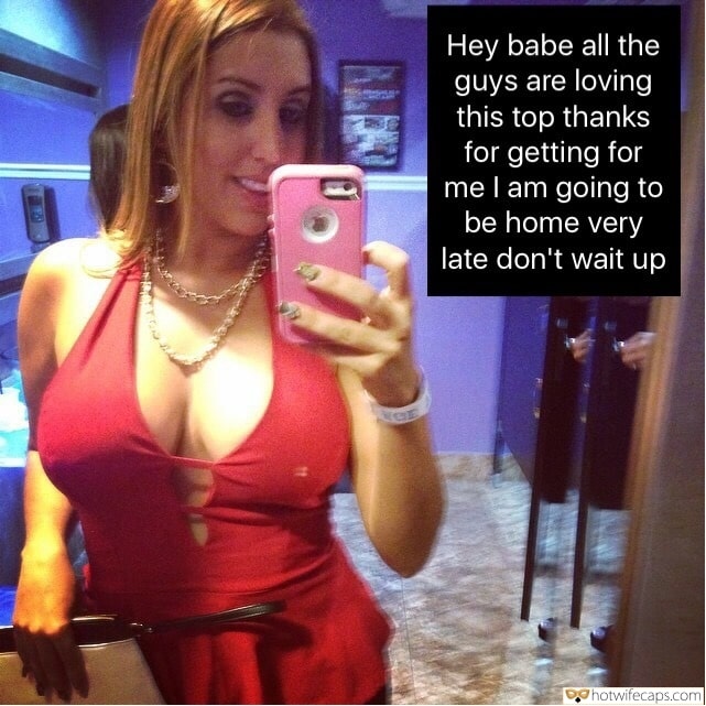 Sexy Memes  hotwife caption: Hey babe all the guys are loving this top thanks for getting for me l am going to be home very late don’t wait up Big Boobed Milf in Tank Top Enjoys Night Out