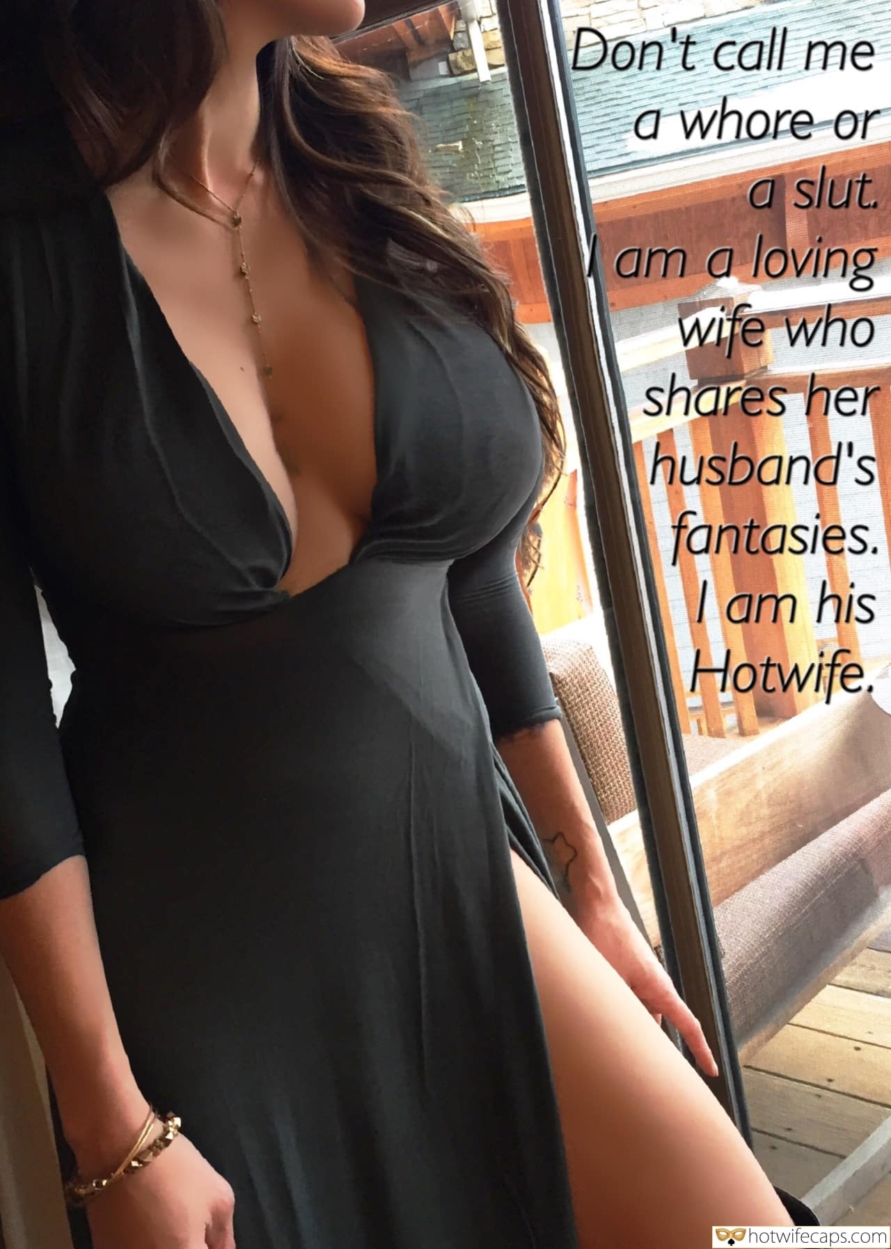 Sexy Memes  hotwife caption: Don’t call me a whore or a slut. am a loving wife who shares her husband’s fantasies. | am his Hotwife, ir hotwife Curvaceous Brunette Poses in Black Dress by the Window
