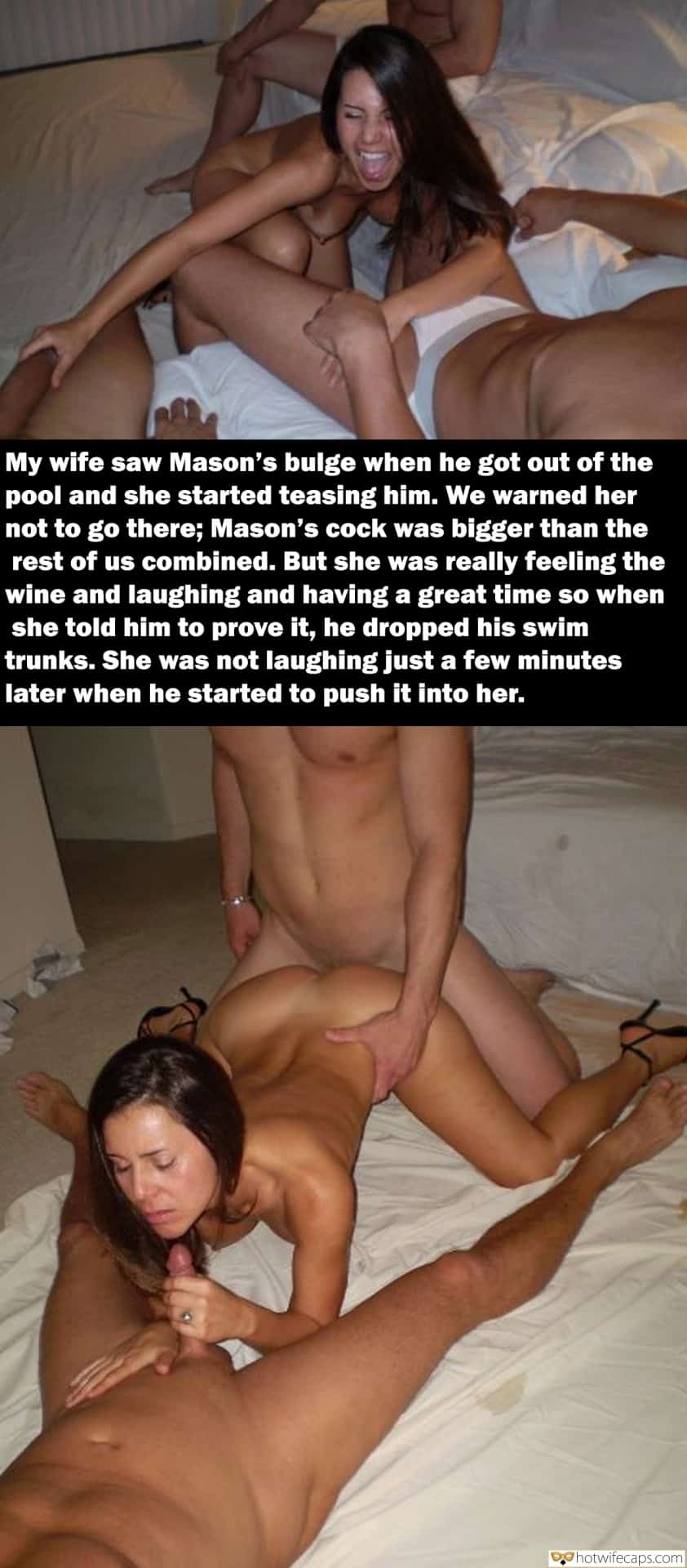 Wife Sharing Threesome Group Sex Bigger Cock  hotwife caption: My wife saw Mason’s bulge when he got out of the pool and she started teasing him. We warned her not to go there; Mason’s cock was bigger than the rest of us combined. But she was really feeling the...