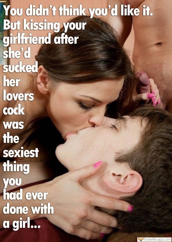 Threesome  hotwife caption: You didn’t think you’d like it. But kissing your girlfriend after she’d sucked her lovers cock was the sexiest thing you had ever done with a girl… cuckold cum on tits kiss curvy hotwife caption Kissing Cuckold While Holding Strangers...