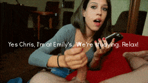 Handjob Gifs Cheating Blowjob Bigger Cock hotwife caption: Yes Chris, I’m at Emily’s We’re studying. Relax! girlfriend loves big cock sex captions gifs sexy cheating wife gif Wife Pleasing Cock While Talking to Hubby on Phone