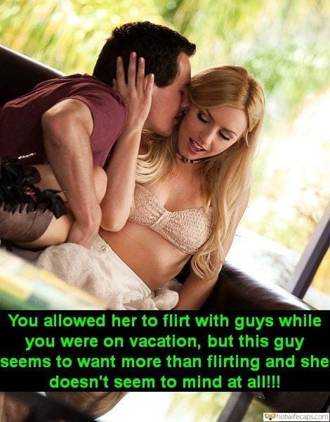 Sexy Memes  hotwife caption: You allowed her to flirt with guys while you were on vacation, but this guy seems to want more than flirting and she doesn’t seem to mind at all!! porn captions smoking Pervert Flirting With Smoking Hot Blonde
