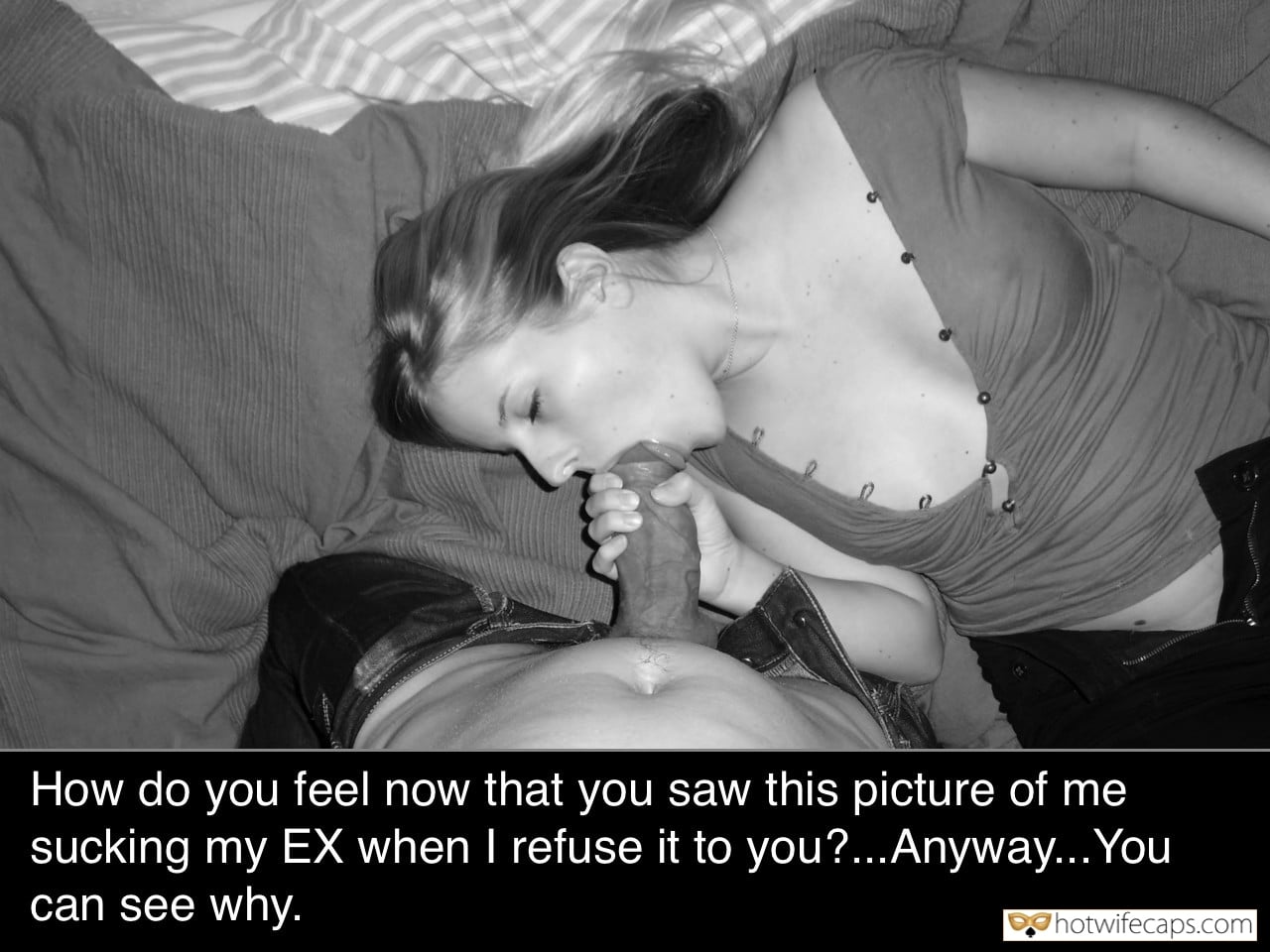 Bigger Cock, Blowjob, Ex Boyfriend, Its too big Hotwife Caption №13698 Thick cock of her Ex in your wives mouth