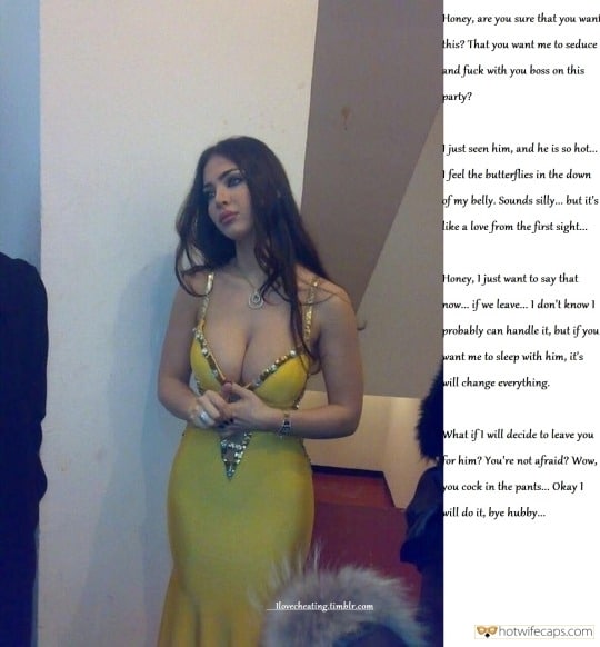 Boss, Sexy Memes, Wife Sharing Hotwife Caption №14761 busty wife in open front yellow dress on party pic