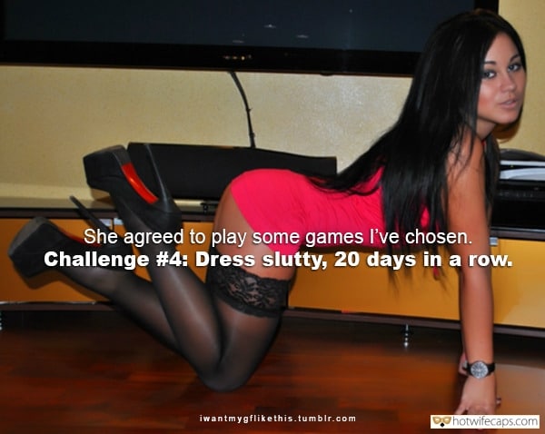 Challenges and Rules, No Panties, Sexy Memes Hotwife Caption №14450 Tight red mini dress, stockings and high heels for the start image