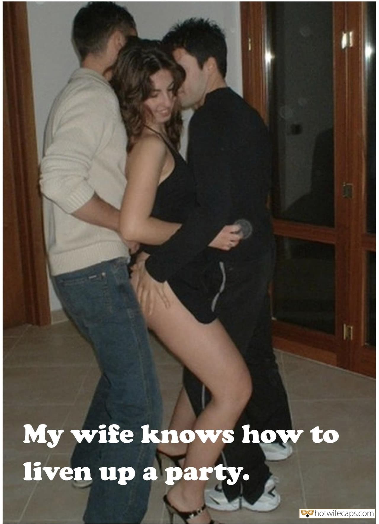 Friends, Sexy Memes, Threesome, Wife Sharing Hotwife Caption №14495 Wife sexy dancing between two of my best buddies