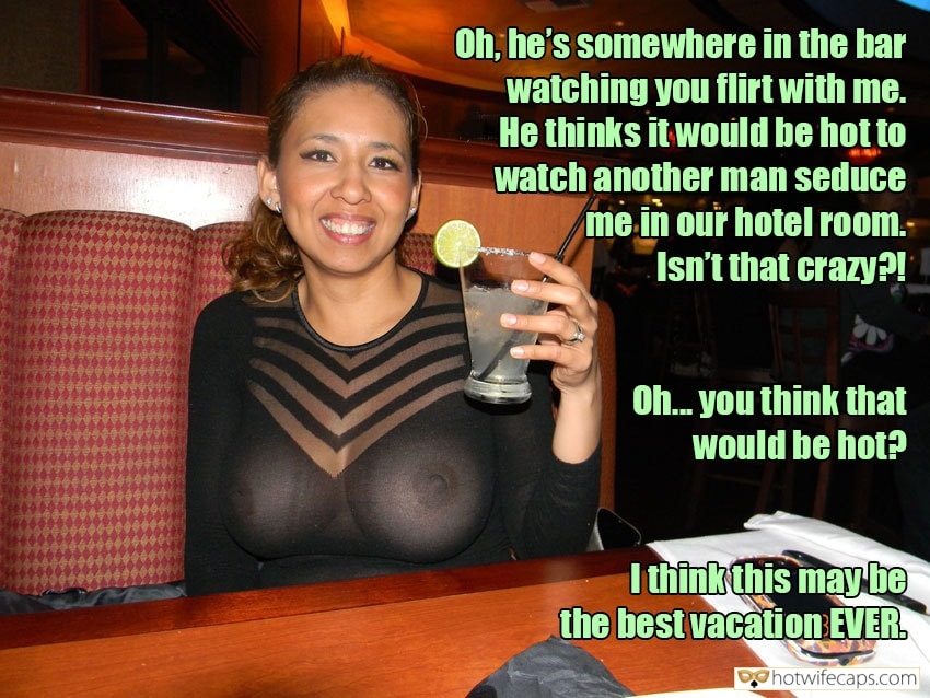 Dirty Talk, Public, Vacation Hotwife Caption №14667 Sexy wife is flirting with potential bull pic