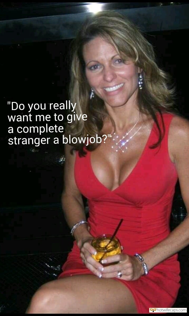 Blowjob, Dirty Talk, Sexy Memes, Vacation Hotwife Caption №15125 Beautiful wife in red dress is happy to give head to stranger photo