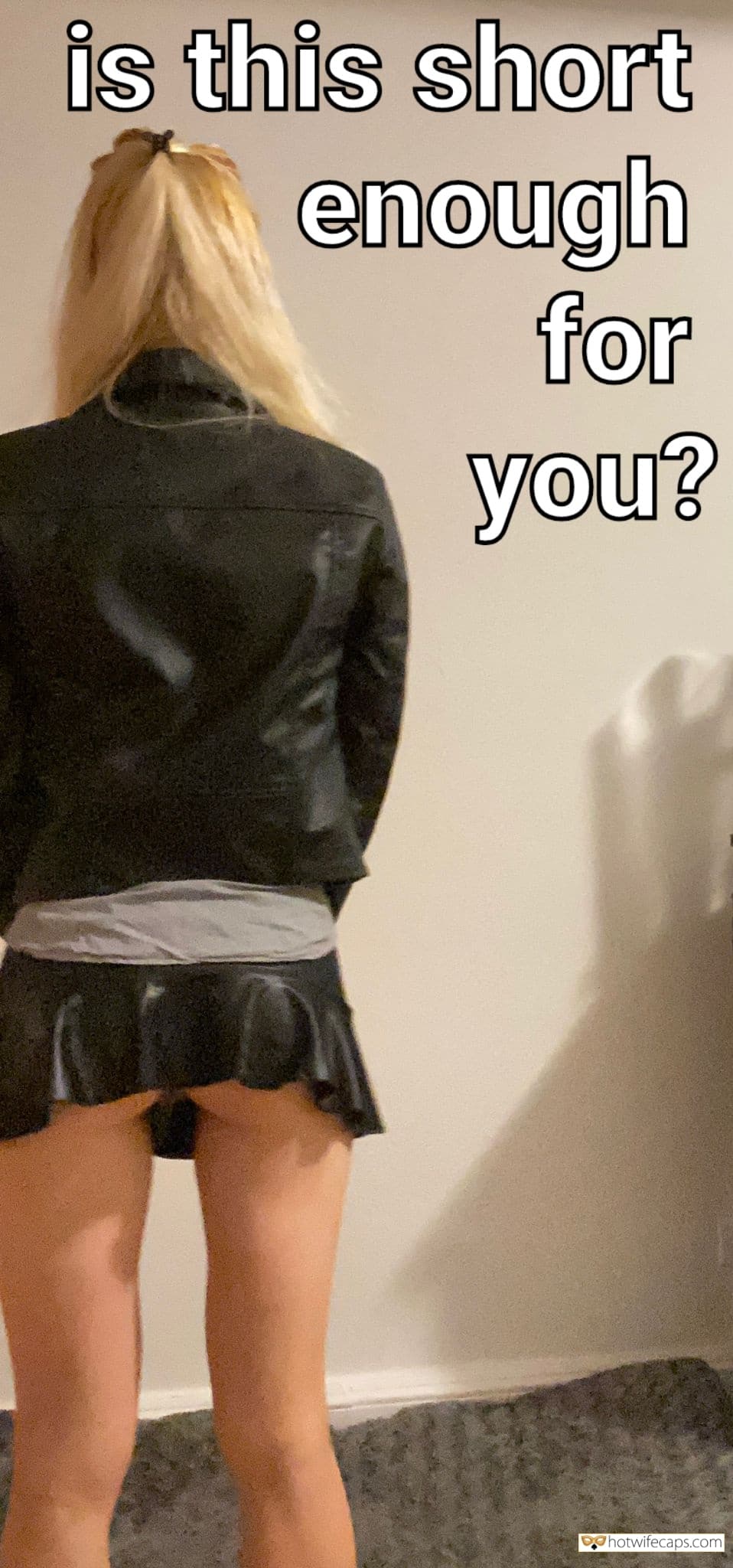 Latex Pussy Captions - Challenges and Rules, Dirty Talk, Getting Ready, No Panties Hotwife Caption  â„–561815: Petite blonde in latex mini skirt - no panties for easy access