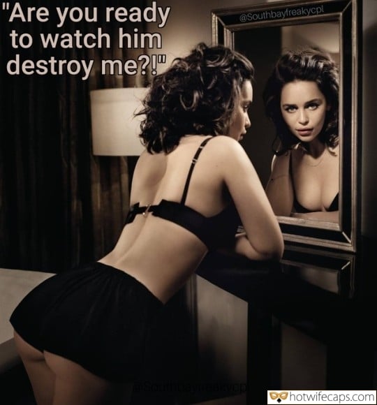 Sexy Memes Cuckold Cleanup Cheating Bully Bull  hotwife caption: “Are you ready to watch him destroy me?!” Brunette Admires Her Reflection in the Mirror