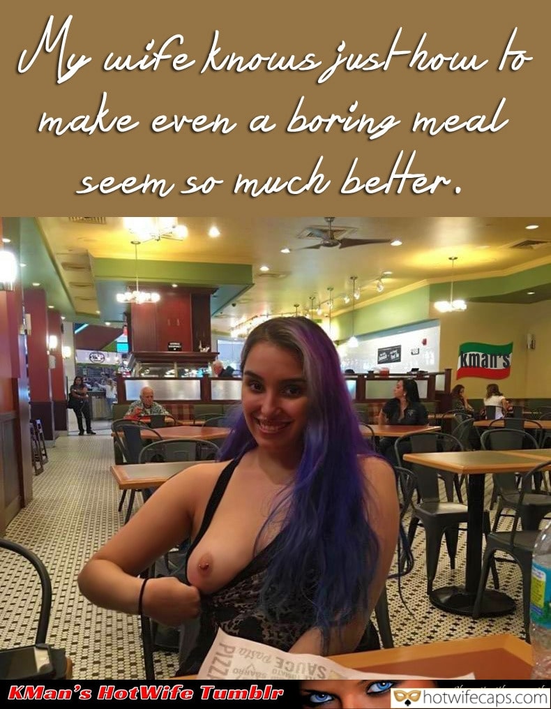 Public hotwife caption: My wife knows just how to make even a boring meal seem so much better. Boob With a Piercing at a Cafe Table