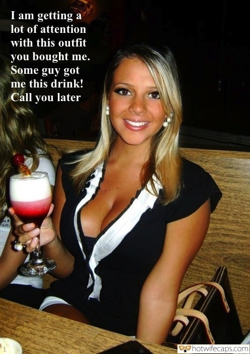 Vacation Sexy Memes Cuckold Cleanup Cheating Bull Boss  hotwife caption: I am getting a lot of attention with this outfit you bought me. Some guy got me this drink! Call you later Wifey Drinks Too Much in the Bar