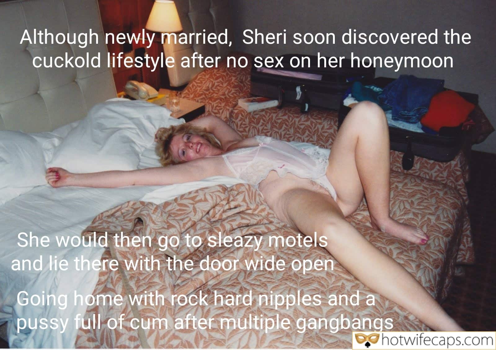 Cheating, Getting Ready, Group Sex, Humiliation Hotwife Caption №568885 Photo of slutty wife in bed before scheduled hotel gang bang image