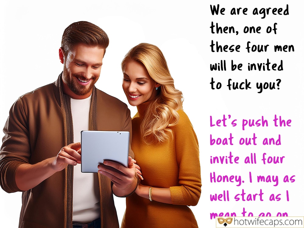 Wife Sharing Texts Submitted by Users 🔥 Getting Ready Cuckold Stories Cuckold Cleanup Challenges and Rules hotwife caption: We are agreed then, one of these four men will be invited to fuck you? Let’s push the boat out and invite all four Honey. I may as well start as I mean to go on… Hotwife challenge caption Let’s...