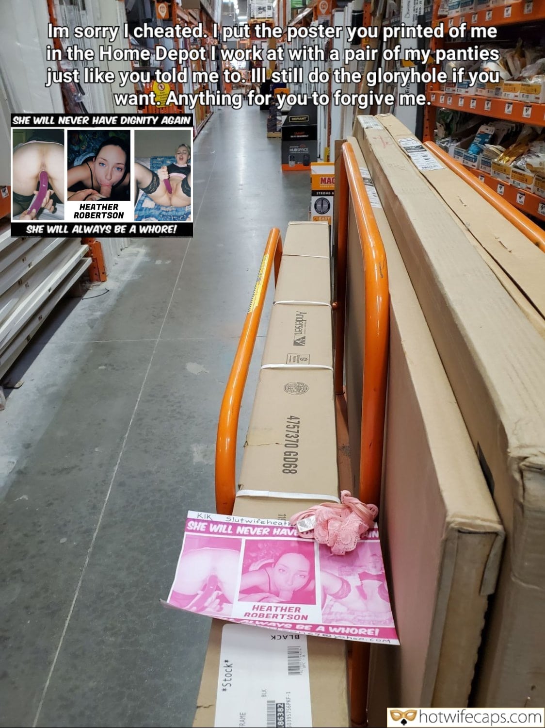 Wife Sharing Submitted by Users 🔥 No Panties Flashing Dirty Talk Cum Slut Creampie Cheating Bottomless Blowjob hotwife caption: Im sorry I cheated. I put the poster you printed of me in the Home Depot I work at with a pair of my panties just like you told me to. Ill still do the gloryhole if you want. Anything...