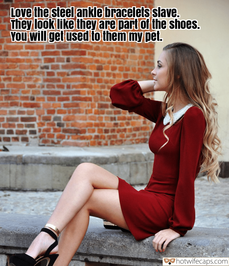 Tips Texts Submitted by Users 🔥 Cheating Bully Bull Anklet hotwife caption: They look like they are part of the shoes. You will get used to them my pet. Love the Steel Ankle Bracelets Slave