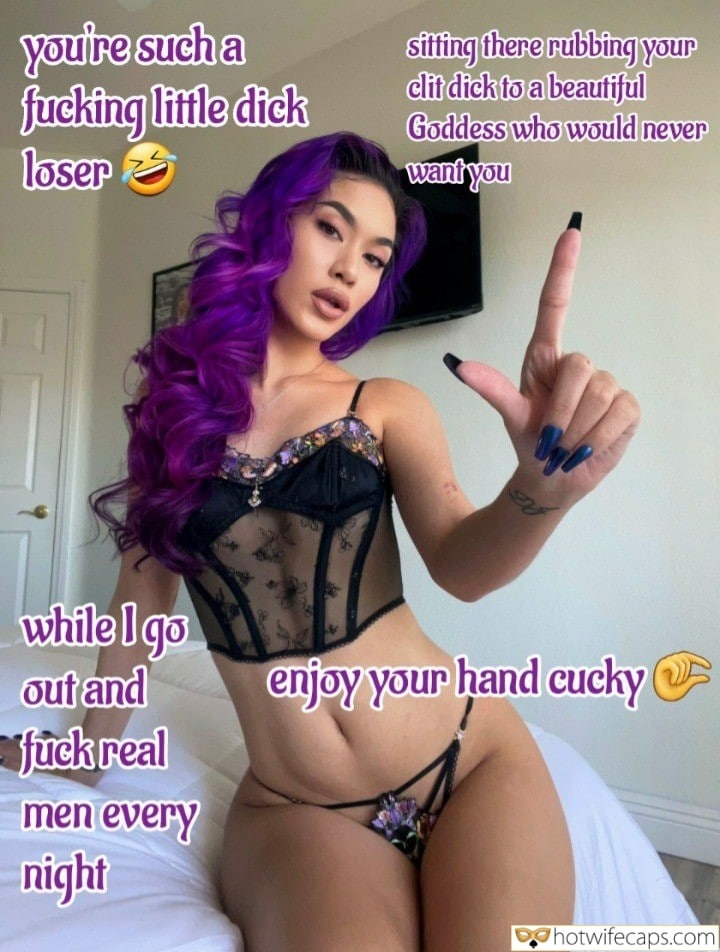 Submitted by Users 🔥 No Panties Cheating Bully Bull Bottomless hotwife caption: you’re such a fucking little dick loser sitting there rubbing your clit dick to a beautiful Goddess who would never want you while I go out and fuck real enjoy your hand cucky men every night! You’re Such a Fucking...