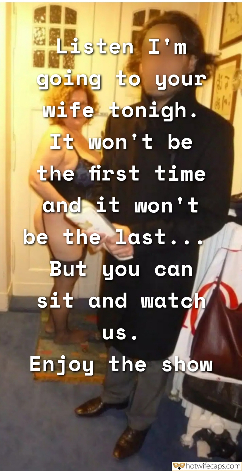 Tips Texts Submitted by Users 🔥 My Favorite Getting Ready Flashing Bully Bull Bottomless hotwife caption: Cuckold watches wife with bull in well-lit room, featuring high heels, bracelet, and ring. Power dynamics evident with bull's commanding presence and wi... It Won’t Be the First Time, and It Won’t Be the Last…