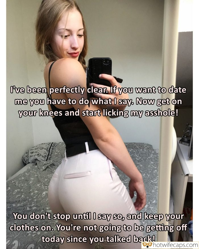 My Favorite hotwife caption: Her voice echoes in my mind, clear and commanding. ‘If you want to date me, you have to do what I say.’ I’m on my knees, the carpet rough against my skin, as I lean in, my heart pounding. The...