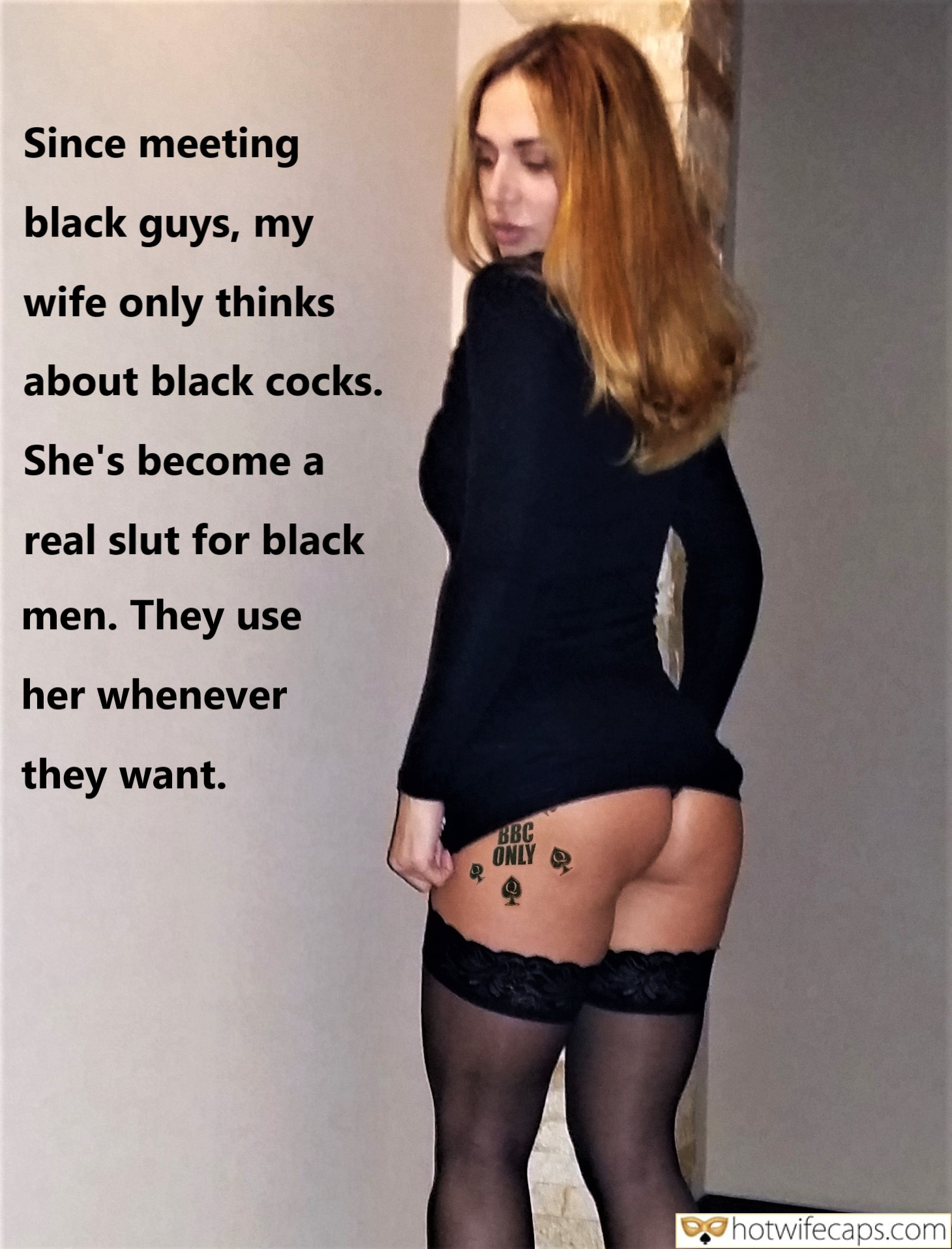 Wife Sharing Cum Slut Cuckquean Cheating BBC Anal hotwife caption: She stands there, half-turned, her long hair cascading over her shoulder, a veil of darkness against her pale skin. Her black thong, lace detailing peeking out, hugs her curves, accentuating the roundness of her ass. The tattoo on her lower...