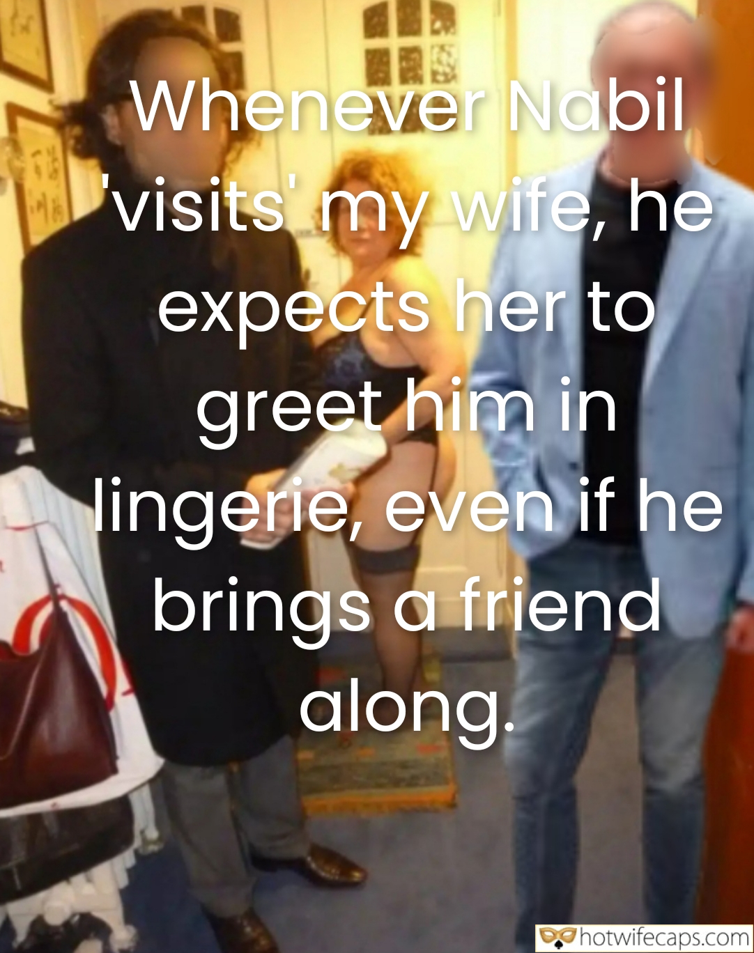 Wife Sharing Threesome Texts Submitted by Users 🔥 Cuckold Stories Bull hotwife caption: Wife in lingerie greets husband's friend, highlighting power dynamics and humiliation in a cuckold scenario. My Wife’s Lingerie Greeting: Nabil’s Demanding Visits