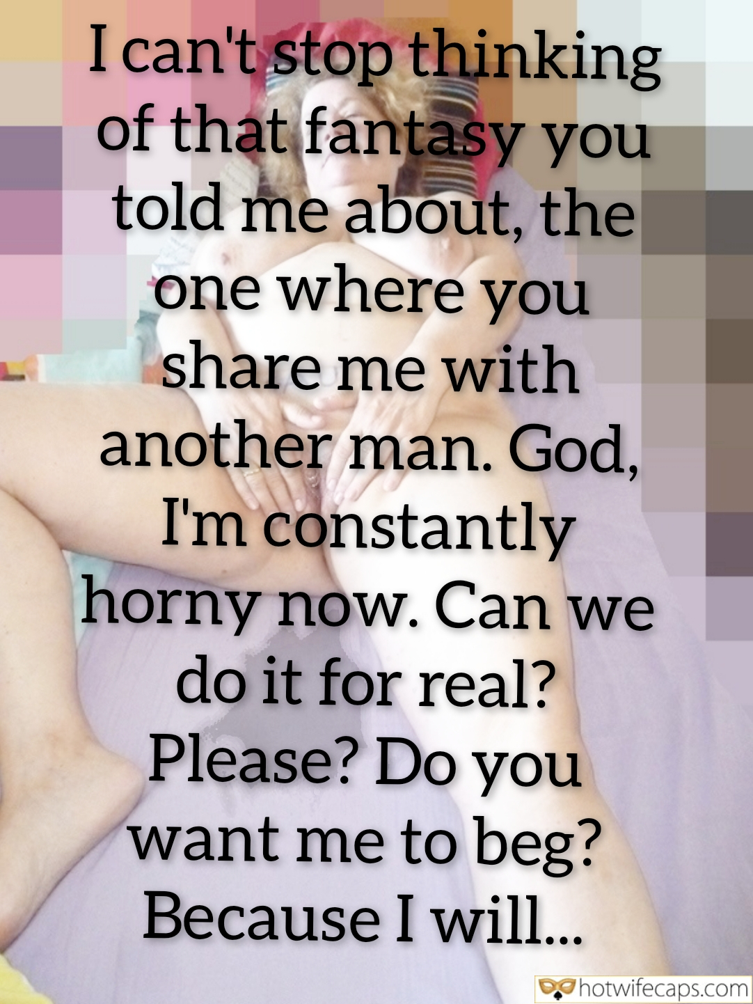 Wife Sharing Submitted by Users 🔥 Cuckold Stories Bull hotwife caption: A nude woman stands in a multi-colored background, her arms crossed over her chest, partially visible in a blurred image. The setting features vibrant h... Exploring the Cuckold Fantasy: A Shared Desire