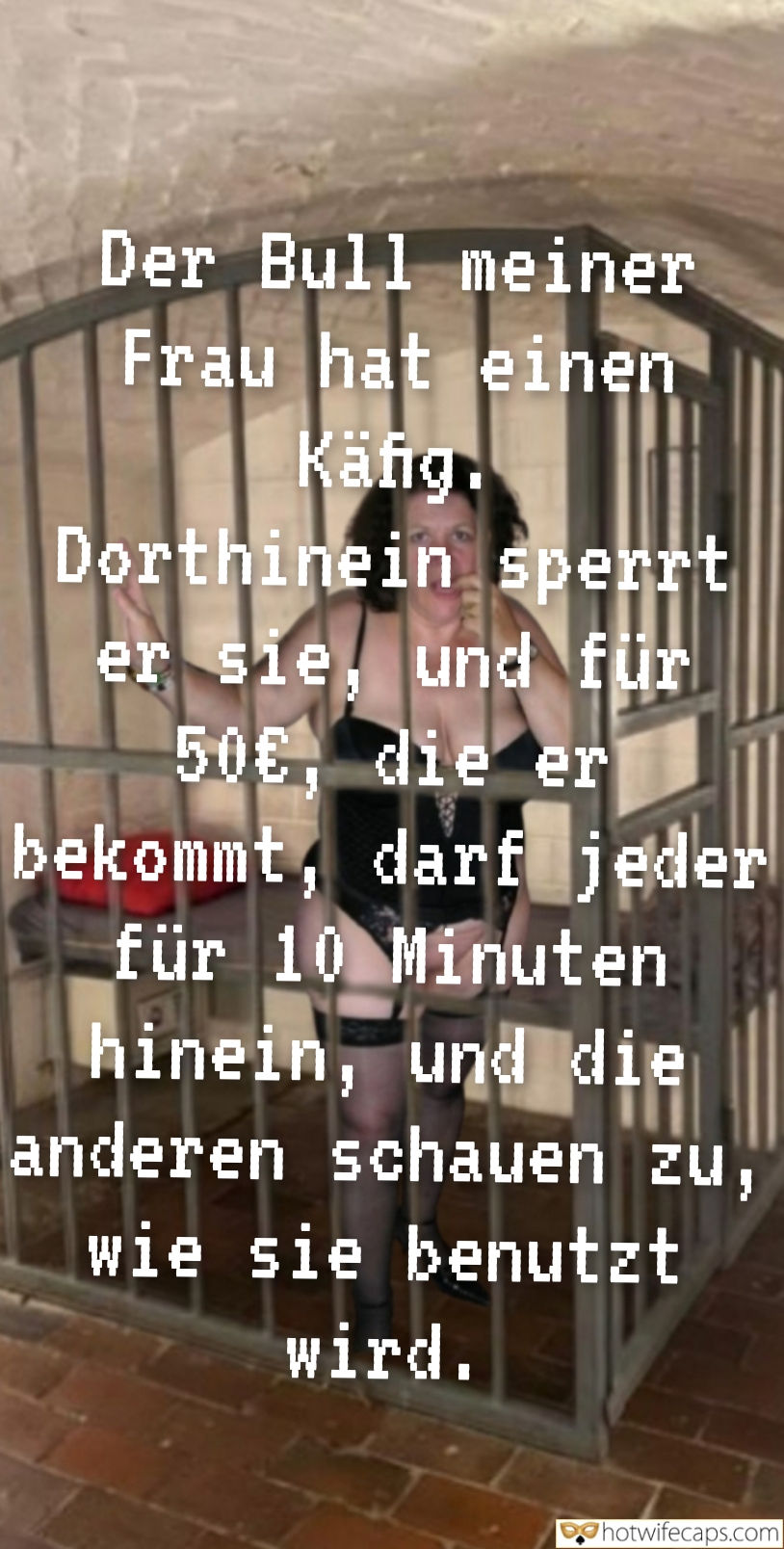 Wife Sharing Submitted by Users 🔥 Cuckold Stories Bull hotwife caption: A woman stands in a gated enclosure, partially clothed, as others pay to enter for intimate encounters. The stone room setting adds a raw, unfiltered atmosph... Stone Room: The Caged Encounter