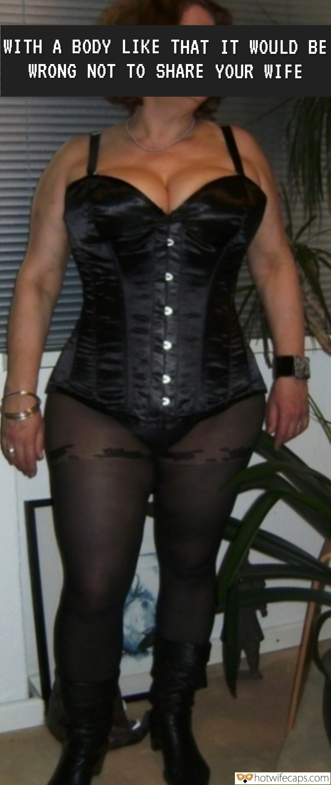 Wife Sharing Submitted by Users 🔥 Cuckold Stories Bull hotwife caption: A hotwife in a corset and stockings stands ready to be shared, embodying the taboo of wife sharing in a domestic setting. Why Wouldn’t I Share My Body With Everyone?