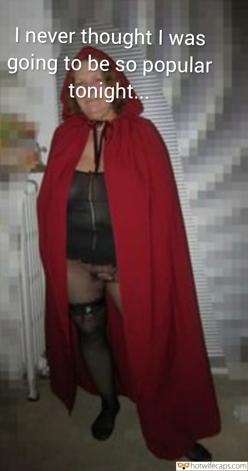 Wife Sharing Submitted by Users 🔥 Cuckold Stories Bull hotwife caption: Indoor setting features a dominant figure in a red cloak, hinting at a cuckold dynamic with blurred background suggesting a private, intense encounter. Cuckold’s Night of Surprise