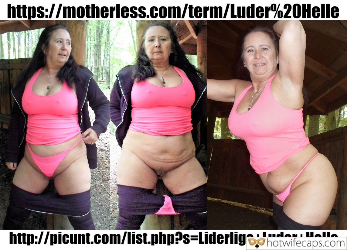 Submitted by Users 🔥 Public Dogging Cum Slut Cheating hotwife caption: A woman in a pink sports bra and bikini bottoms stands confidently in a forested area, captured in three different poses. The setting includes a wooden cabin... A Day in the Woods: The Cuckold’s Perspective