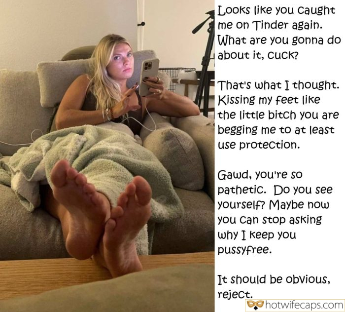 My Favorite hotwife caption: I’m lounging on the couch, legs stretched out on the ottoman, a cozy blanket draped over me. The sunlight filters through the window, casting a warm glow on the room. My fingers dance across the smartphone screen, swiping through Tinder...