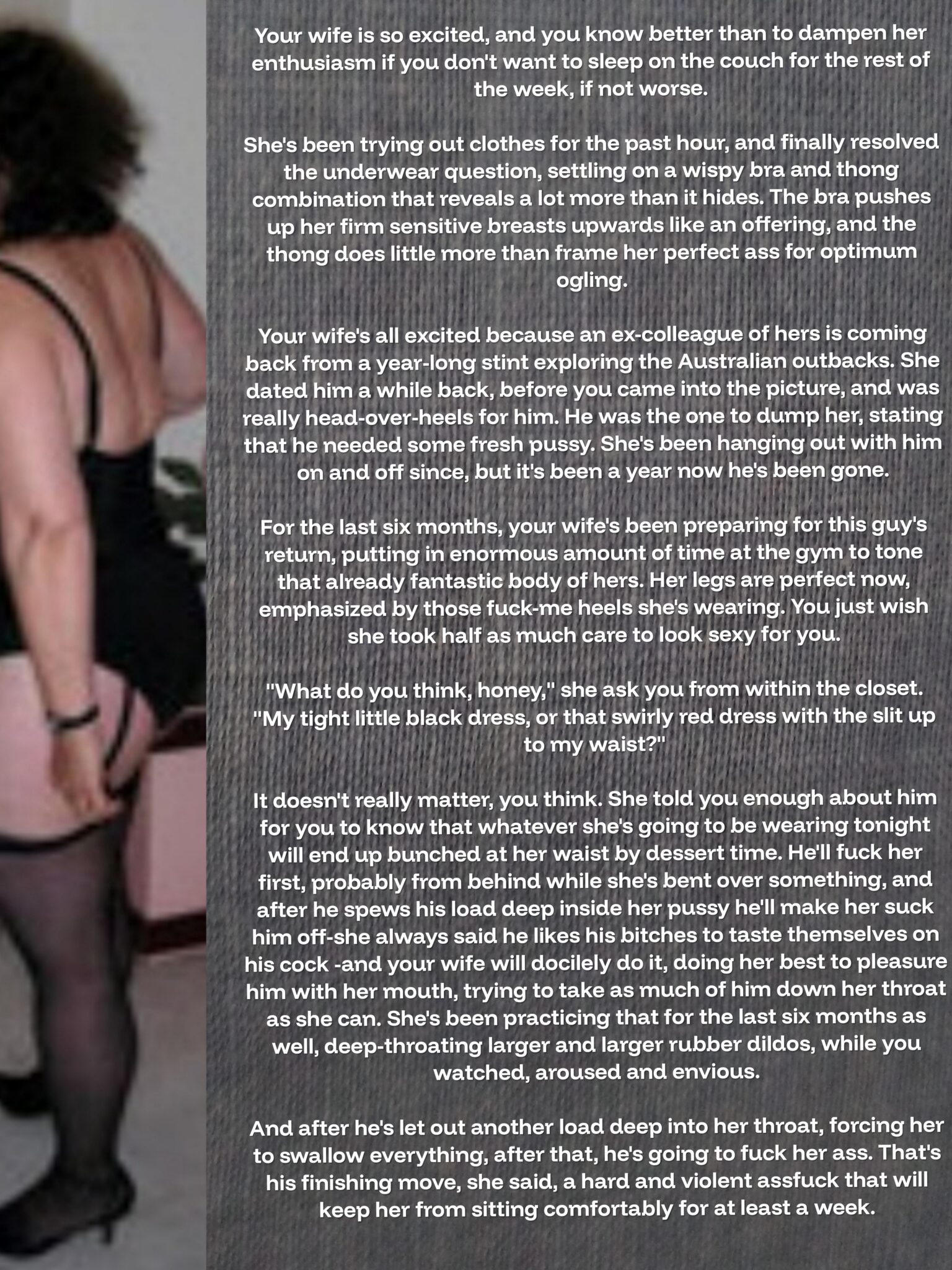 Tips Texts Submitted by Users 🔥 My Favorite Humiliation Getting Ready Flashing hotwife caption: A married man reflects on his wife's excitement as she prepares for an ex-colleague's return, detailing her meticulous preparations and the emotional te... My Husband’s Jealousy as I Prepare for My Ex’s Return