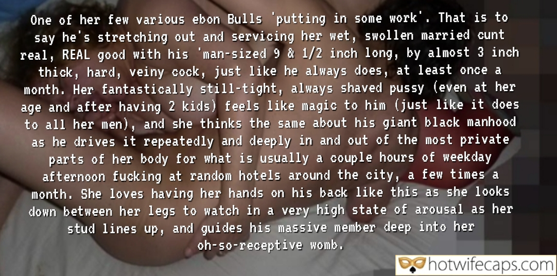My Favorite hotwife caption: Hotwife enjoys midweek rendezvous with stud, her hands on his back as he services her with his massive cock in a hotel room. Midweek Rendezvous: A Hotwife’s Afternoon Delight