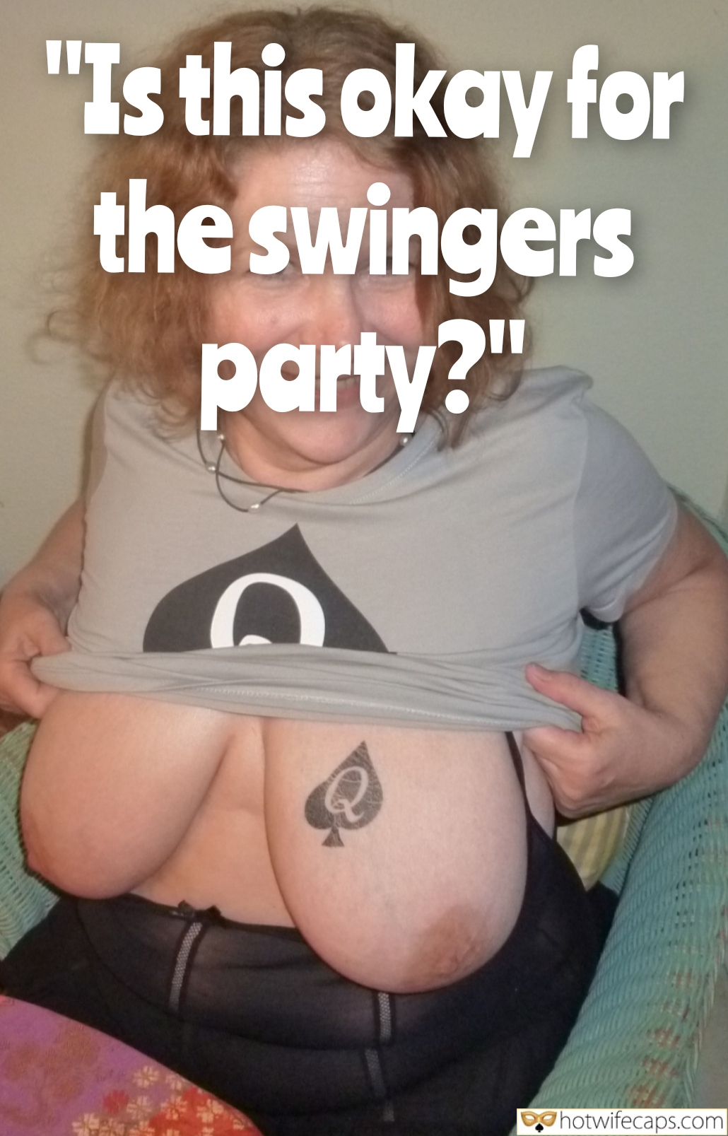 Tips Texts Submitted by Users 🔥 My Favorite It's too big Flashing hotwife caption: A woman poses with her shirt pulled down, revealing her breasts and a spade tattoo, asking if she's ready for a swingers party. The scene is set in a li... Wow Her Boobs Are Soooo Big