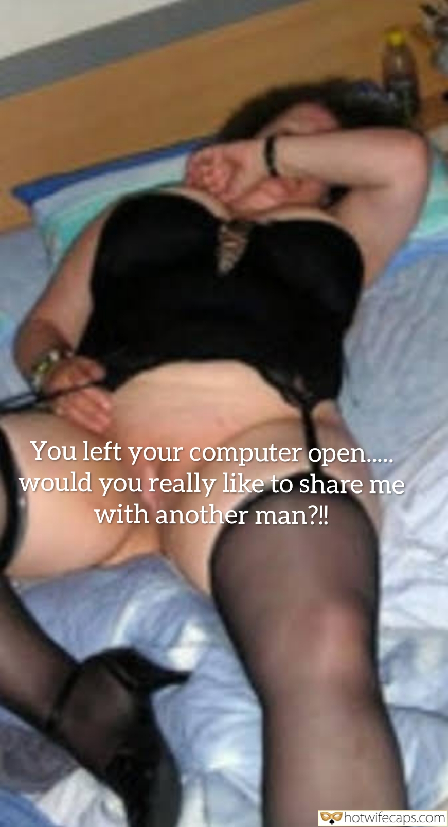 My Favorite hotwife caption: A cuckold's perspective on a bedroom scene where a woman teases him with texts about sharing her with another man. The image captures a moment of tensio... Cuckold’s Nightmare: Her Teasing Texts While I Lay Beneath
