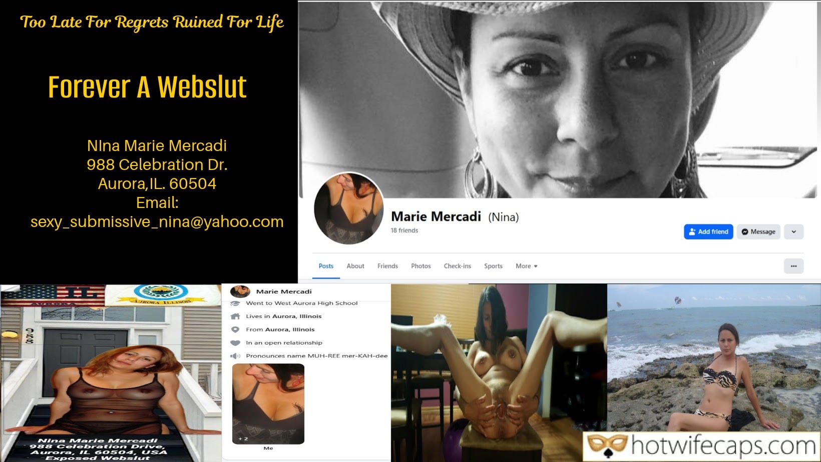 Submitted by Users 🔥 Public Humiliation Flashing hotwife caption: Nina Marie Mercadi's collage exposes her as a webslut, featuring black-and-white portraits and revealing photos. Her Facebook profile details her past life, ... Nina Marie Mercadi: Exposed and Humiliated Webslut