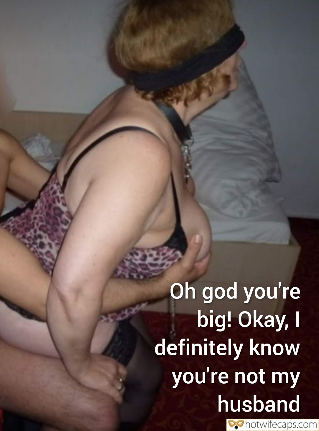 Wife Sharing Submitted by Users 🔥 Cuckold Stories Bull Blindfolded hotwife caption: A woman in a leopard-print bikini lies on a bed with a man, revealing a secret about his size and her certainty that he's not her husband, highlighting a tab... Her Whispered Secret: Not My Husband