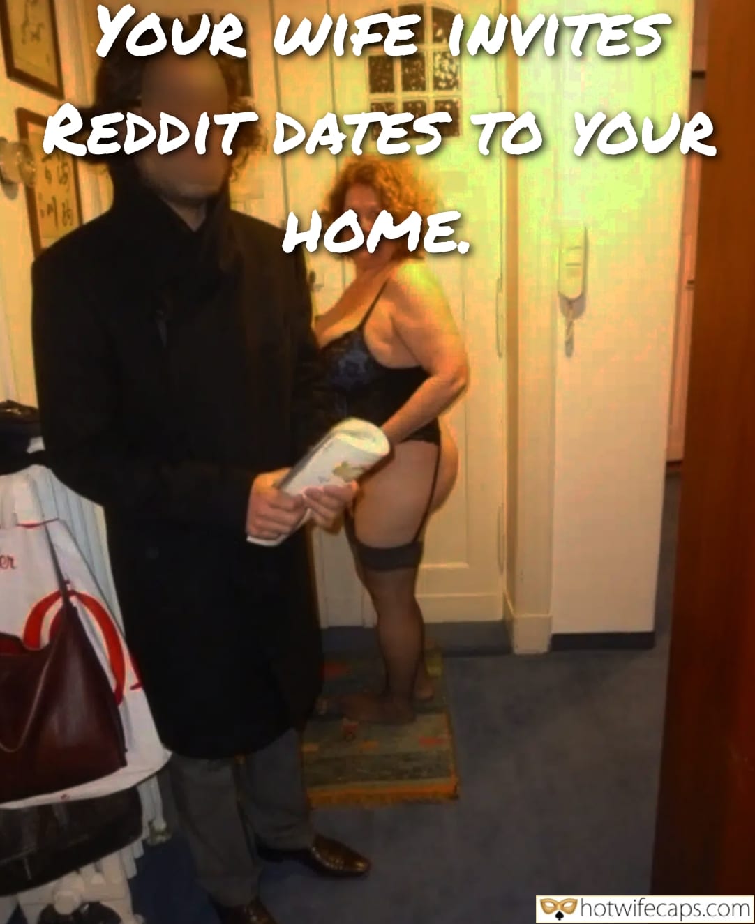 Wife Sharing Submitted by Users 🔥 Cuckold Stories Bull hotwife caption: A cuckold husband watches as his wife invites Reddit dates to their home, standing partially clothed in a sheer dress, creating a tense dynamic in their hall... Wife’s Reddit Dates Invade Our Home