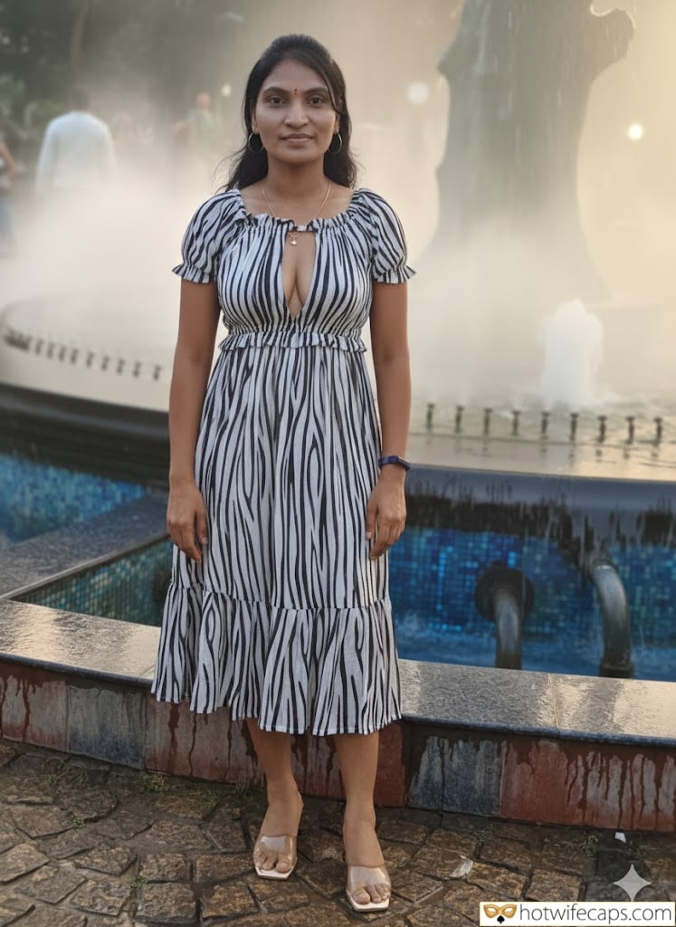 Wife Sharing Submitted by Users 🔥 Humiliation Cuckold Stories hotwife caption: A hotwife stands in a public square, her dress and posture inviting attention. The setting sun and fountain mist enhance her allure, as she teases and tantal... Fountain Square: The Hotwife’s Public Display