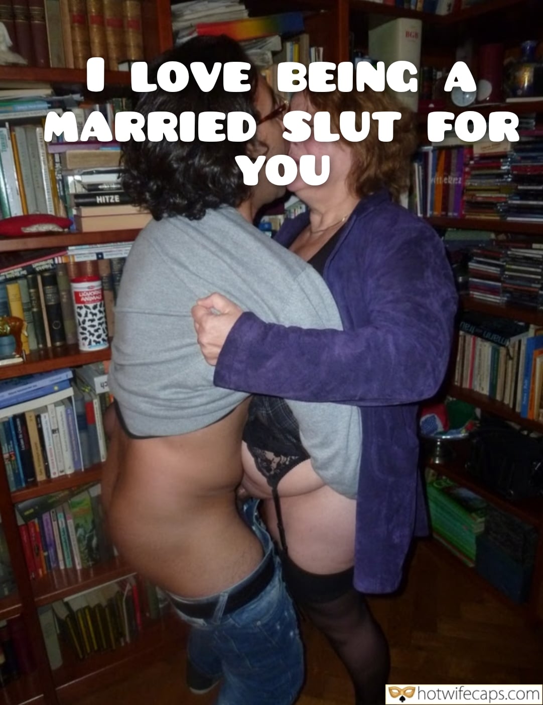 Wife Sharing Submitted by Users 🔥 Cuckold Stories Bull hotwife caption: A married woman's intimate encounter in a cluttered home library, wrapped in her lover's embrace, surrounded by books and secrets. My Wife’s Secret Library Encounter