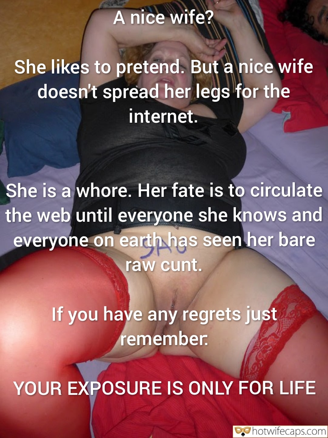Wife Sharing Submitted by Users 🔥 Cuckold Stories Cheating Bull hotwife caption: Indoor bedroom scene features a woman lying on a bed with legs spread, a man kneeling between her thighs. Text overlay details a wife's exposure and fate. Exposed: A Wife’s Secret Life Unveiled