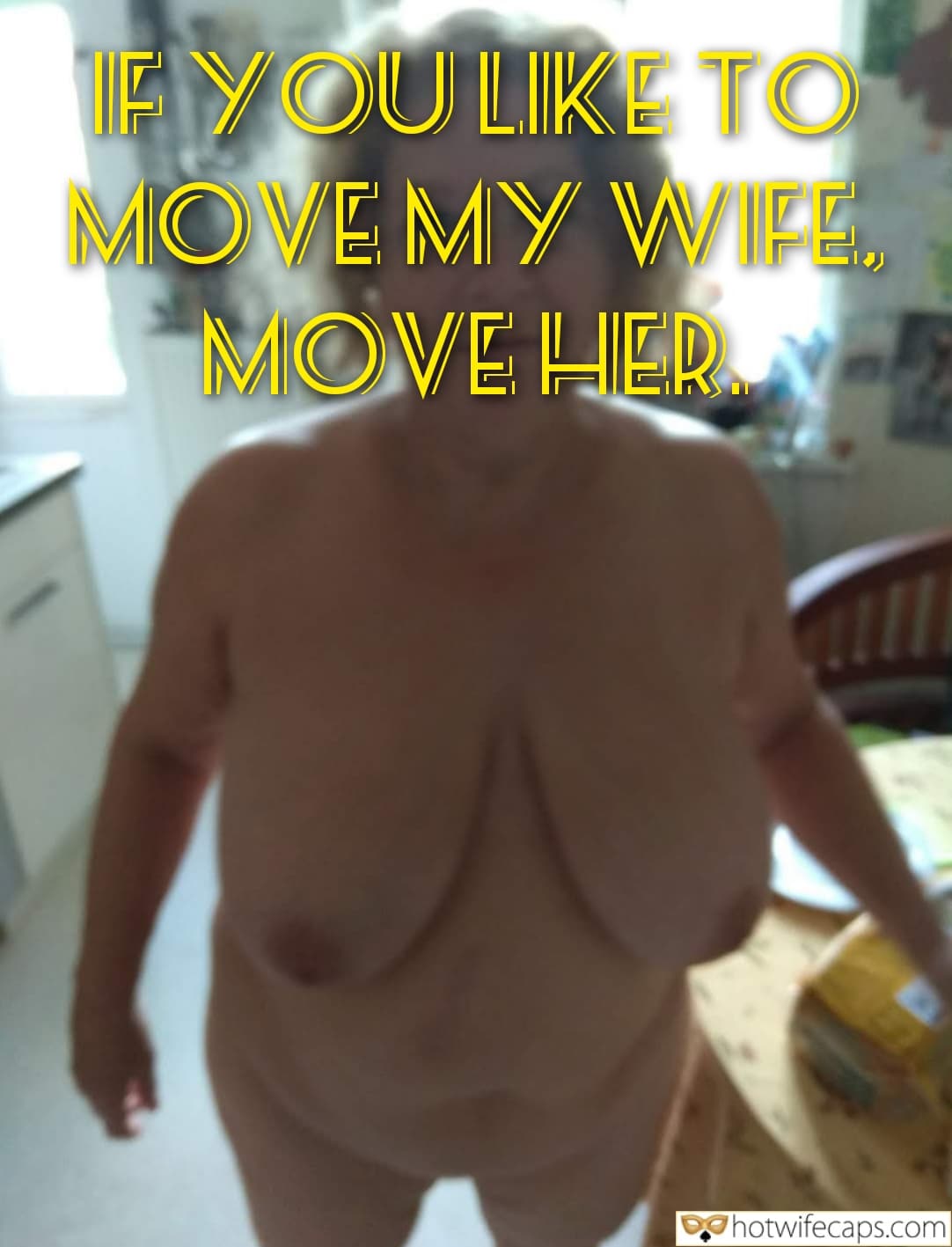 Wife Sharing Submitted by Users 🔥 Cuckold Stories Bull hotwife caption: A nude, dominant woman commands attention in a kitchen setting, her massive breasts and stern expression conveying raw power and control. Kitchen Confession: My Wife’s Naked Command