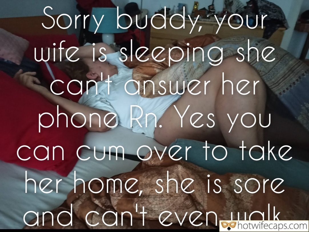 Wife Sharing Submitted by Users 🔥 Cuckold Stories Bull hotwife caption: Bedroom scene shows a woman recovering after intense sexual activity, unable to walk due to soreness. Text overlay indicates her husband is coming to take he... Wife Too Sore to Walk After Bull’s Rough Ride