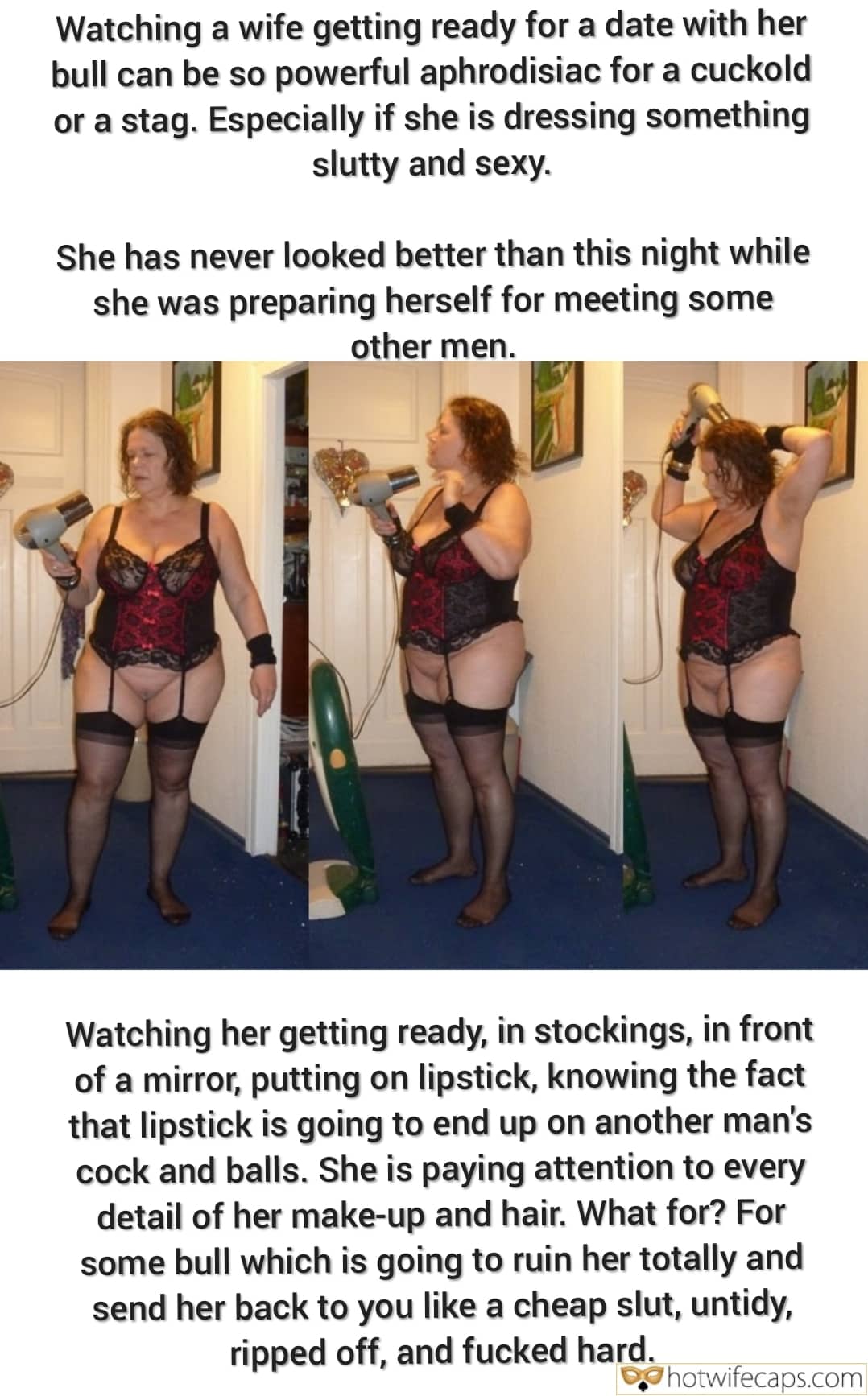 Wife Sharing Submitted by Users 🔥 Cuckold Stories Bull hotwife caption: A cuckold's wife prepares for her lover, dressing in lace and stockings, exposing her pussy, knowing she'll be used and returned ruined. Cuck’s Wife Primes Herself for Another Man’s Cock
