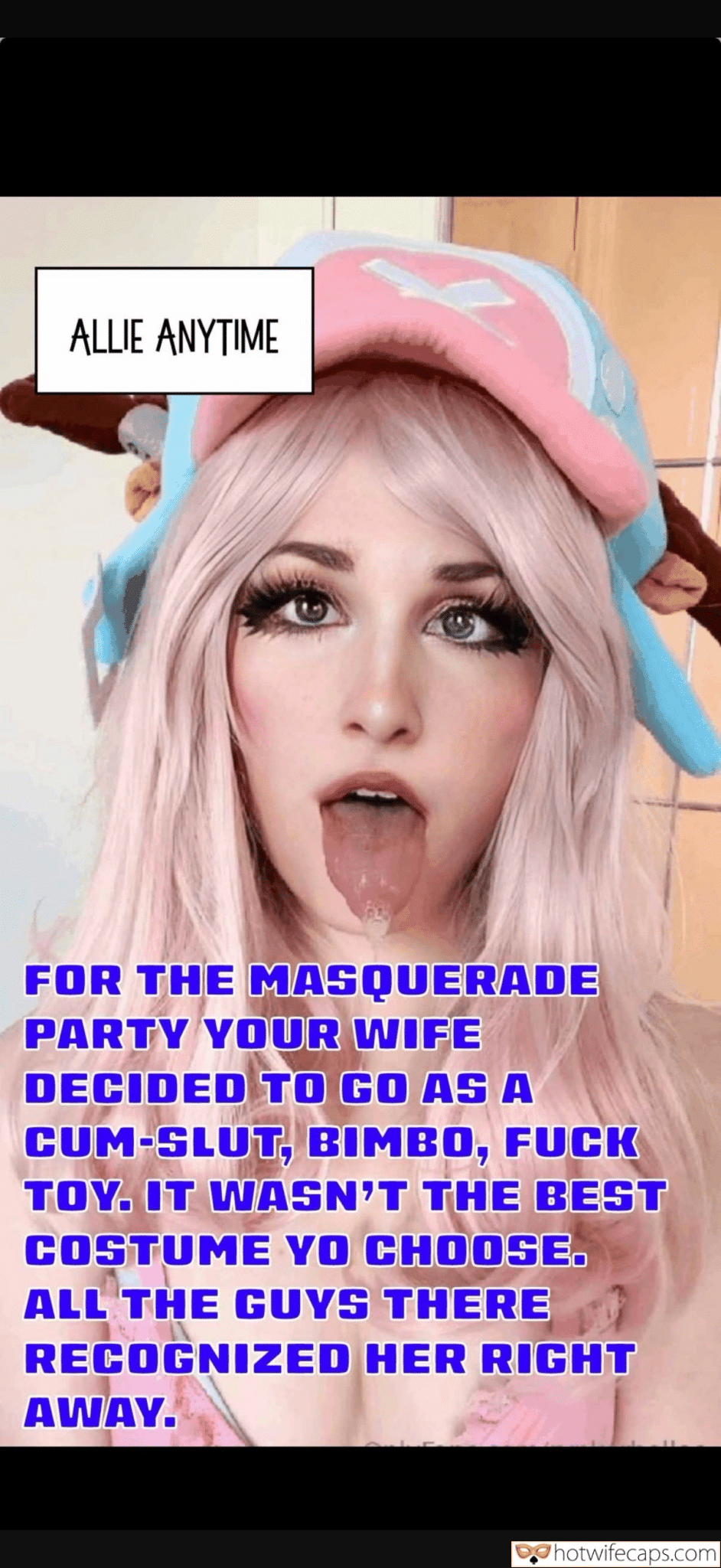 Wife Sharing Submitted by Users 🔥 Cum Slut Cheating hotwife caption: A woman in a revealing costume at a masquerade party, her expression and attire leaving little to the imagination, highlights her role as a cum-slut and bimbo. Masked Humiliation: When Your Wife’s Costume Reveals Her True Nature