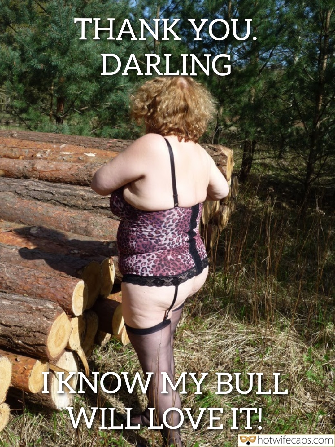 Wife Sharing Submitted by Users 🔥 Cuckold Stories Bull hotwife caption: A curvy woman in a leopard print bustier and sheer stockings poses in a wooded area near stacked logs, showcasing her dominant hotwife allure. Cuck’s Curvy Hotwife Teases in the Woods