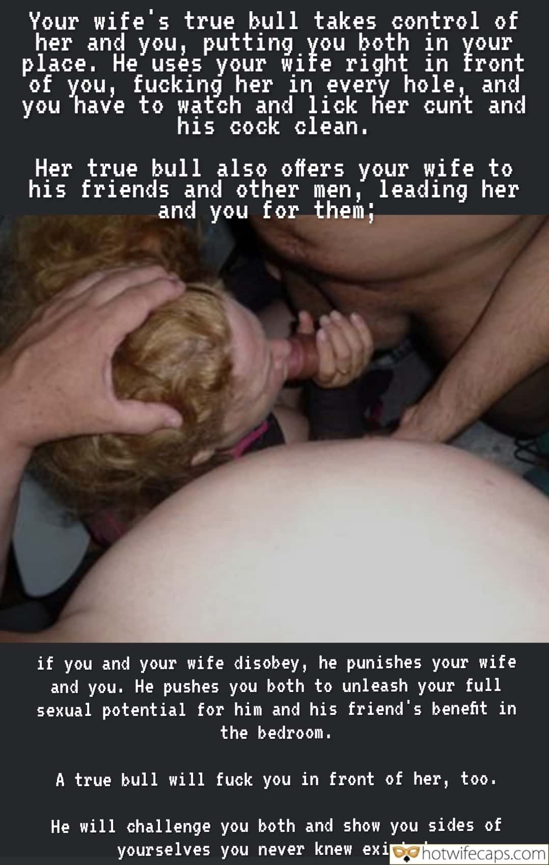 Wife Sharing Submitted by Users 🔥 Cuckold Stories Bull hotwife caption: Wife on knees, sucking lover's cock while husband watches. Ass spread, ready for anal. Power dynamic intense, husband humiliated. A Cuck’s Humiliation: Wife’s Lover Takes Control