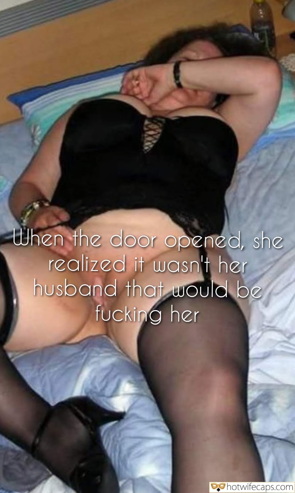 Wife Sharing Submitted by Users 🔥 Cuckold Stories Bull hotwife caption: A woman in black lace awaits a stranger in her bedroom, legs spread, thong pulled aside, ready for unexpected pleasure. Shocked Submission: Her Husband’s Replacement
