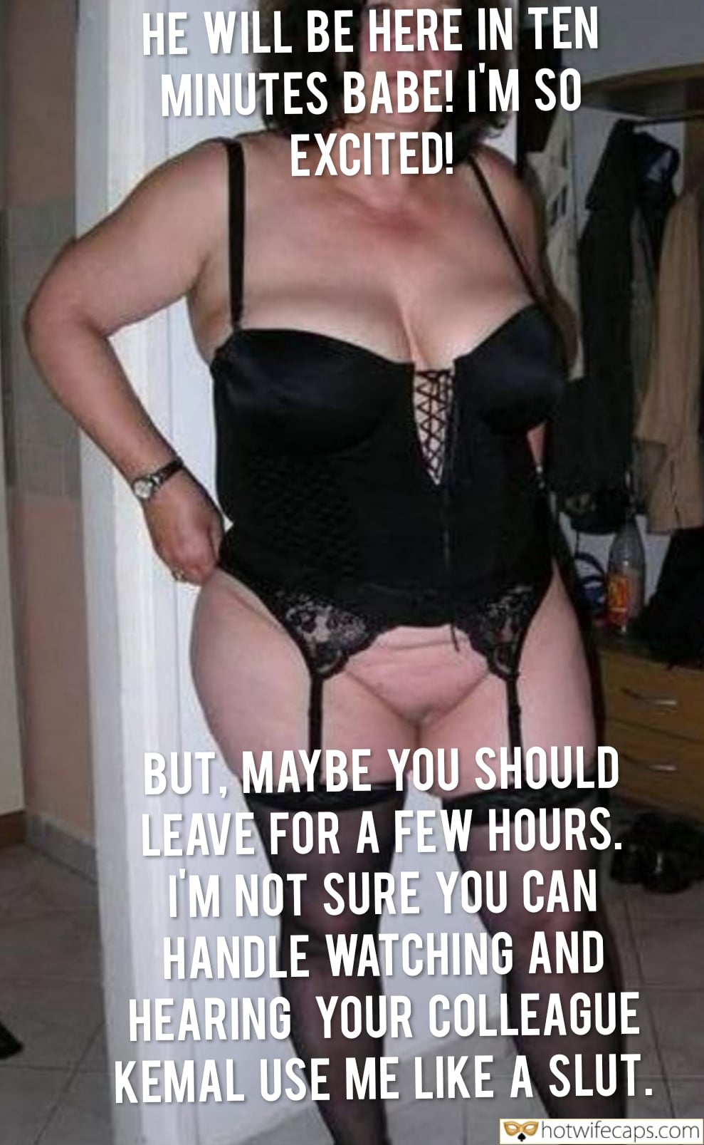 Wife Sharing Submitted by Users 🔥 Cuckold Stories Bull hotwife caption: Hotwife prepares for bull's arrival, teasing husband with exposed pussy and bustier. Cuckold struggles with desire and humiliation. Cuckold’s Dilemma: Wife’s Tease Before the Bull Arrives