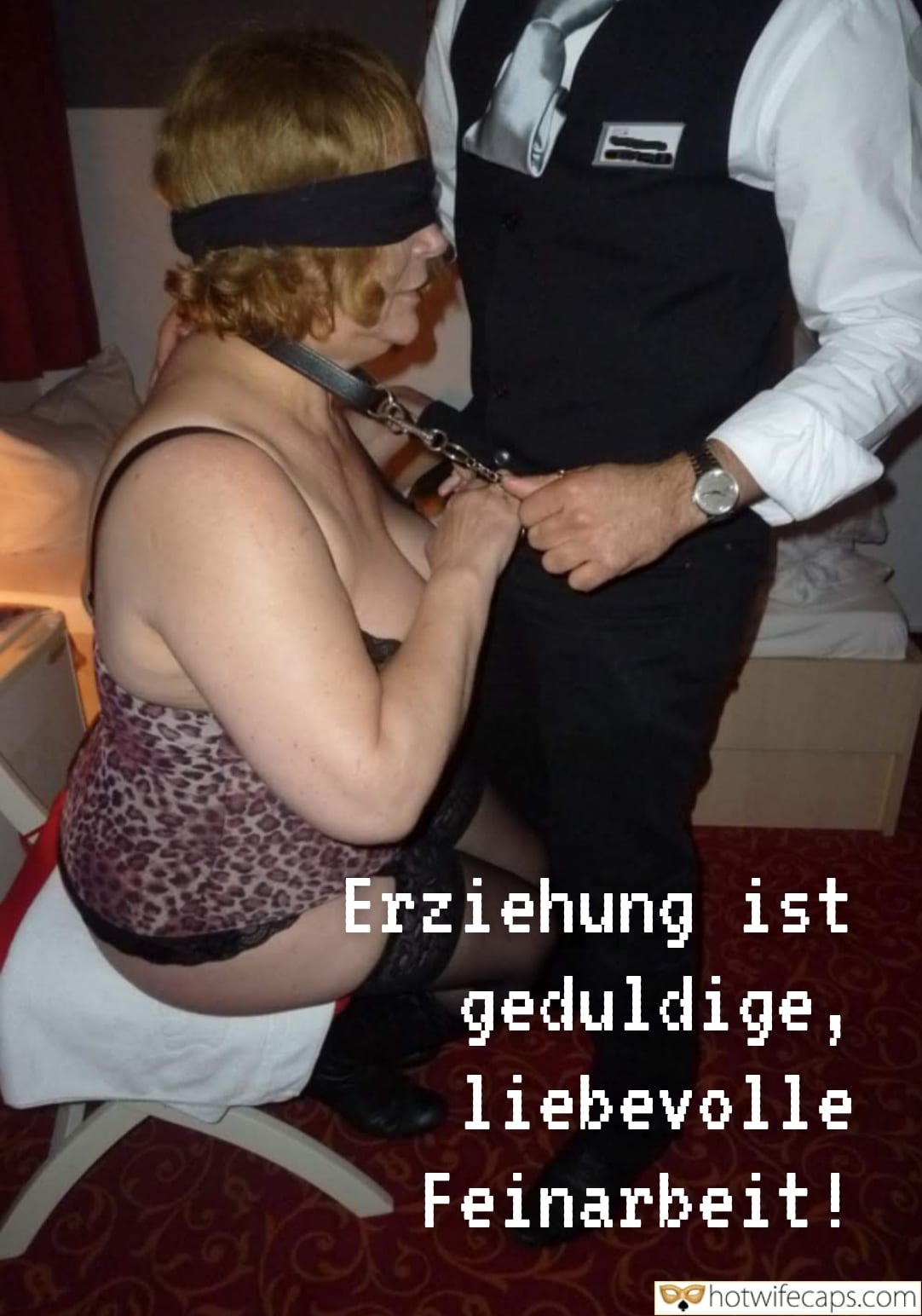 Wife Sharing Submitted by Users 🔥 Humiliation Cuckold Stories Bull hotwife caption: A woman in a leopard-print bustier and black lace panties kneels, blindfolded, as a man in formal attire guides his cock to her mouth, symbolizing their powe... Blindfolded Submission: Her Mouth, His Command